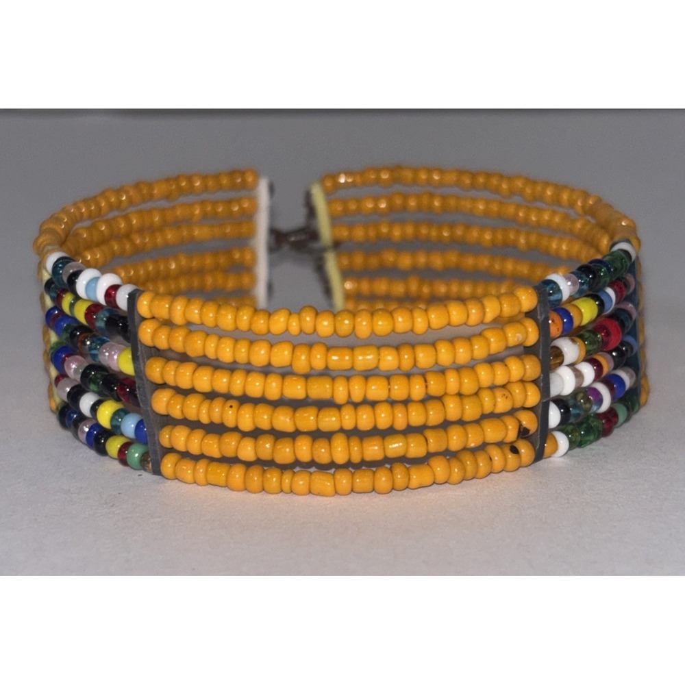 Vintage Kenyan Maasai Beaded Cuff Bracelet Yellow Multistrand Seed Bead